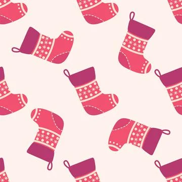 Christmas seamless pattern with red Christmas socks with snowflakes Stock Illustration