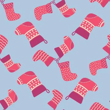 Christmas seamless pattern with red Christmas socks with snowflakes, specks Stockillustratie
