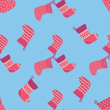 Christmas seamless pattern with red Christmas socks with snowflakes, specks Stock Illustration