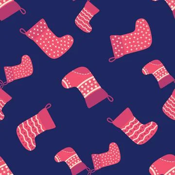 Christmas seamless pattern with red Christmas socks with snowflakes, specks Stock Illustration