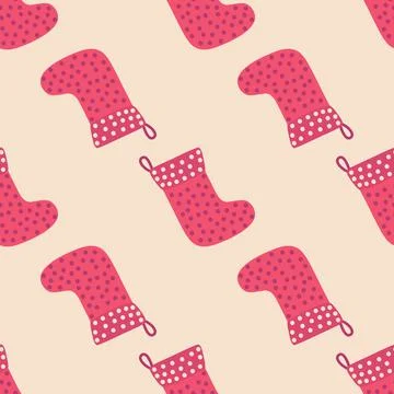 Christmas seamless pattern with red Christmas socks with snowflakes, specks Stock Illustration
