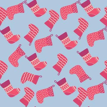 Christmas seamless pattern with red Christmas socks with snowflakes, specks Stock Illustration