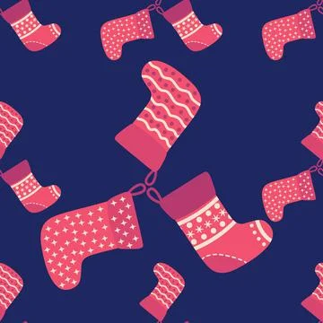 Christmas seamless pattern with red Christmas socks with snowflakes, specks Stock Illustration