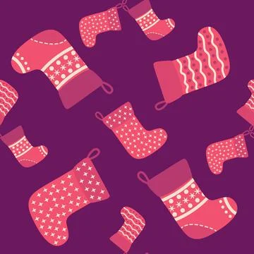 Christmas seamless pattern with red Christmas socks with snowflakes, specks Stock Illustration