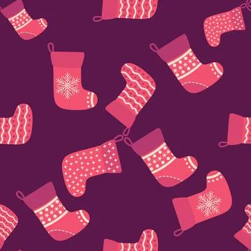 Christmas seamless pattern with red Christmas socks with snowflakes, specks Stock Illustration