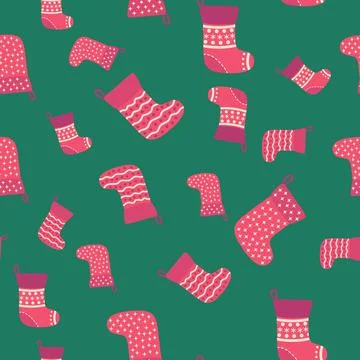 Christmas seamless pattern with red Christmas socks with snowflakes, specks Stock Illustration