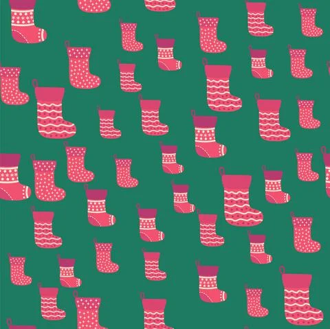 Christmas seamless pattern with red Christmas socks with snowflakes, specks Stock Illustration