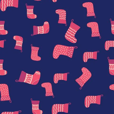 Christmas seamless pattern with red Christmas socks with snowflakes, specks 스톡 일러스트