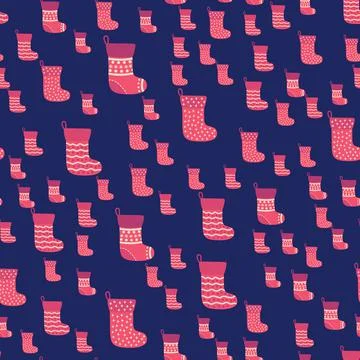 Christmas seamless pattern with red Christmas socks with snowflakes, specks Stock Illustration