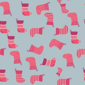 Christmas seamless pattern with red Christmas socks with snowflakes, specks Stock Illustration