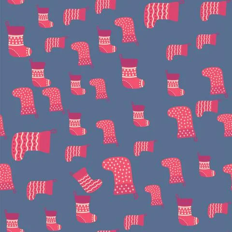 Christmas seamless pattern with red Christmas socks with snowflakes, specks Stock Illustration
