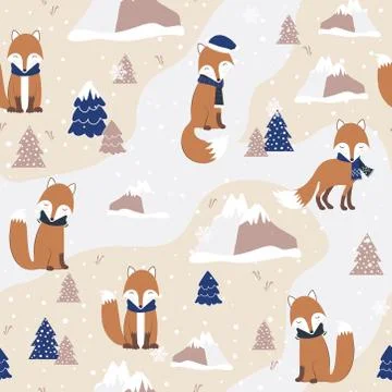 Christmas seamless pattern with red fox background, Winter pattern, wrapping  Illustrazione stock