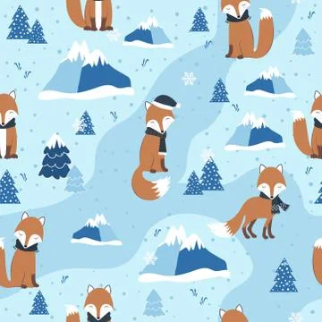 Christmas seamless pattern with red fox background, Winter pattern, wrapping  Stock Illustration