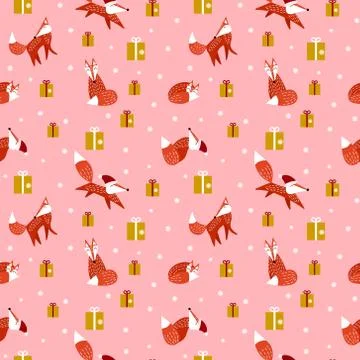 Christmas seamless pattern with red foxes Stock Illustration