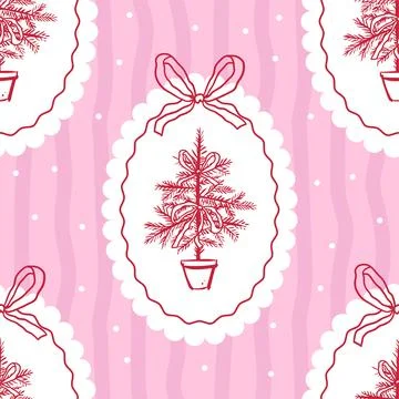 Christmas seamless pattern with red hand drawn xmas potted tree with bows on Stock Illustration