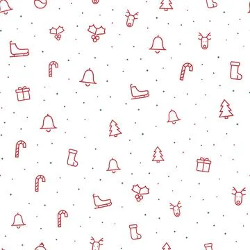 Christmas seamless pattern with red line icons of bells, reindeer, ice skates, Stock Illustration