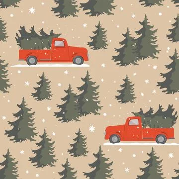 Christmas seamless pattern with red pickup truck with Christmas tree in pine  Stock Illustration