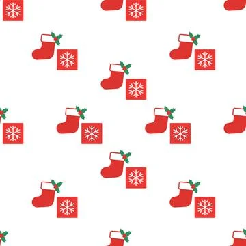 Christmas seamless pattern with red stockings and gift boxes. Illustrazione stock