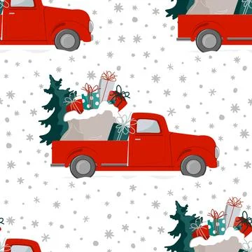 Christmas seamless pattern with a red truck carrying Xmas tree and gifts on.. Stock Illustration