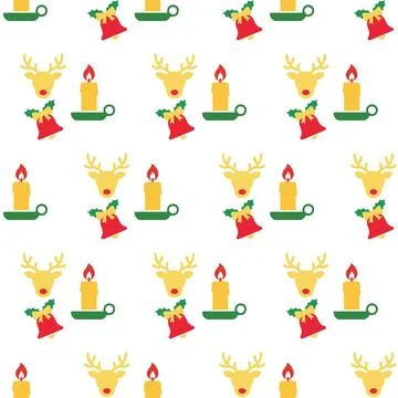 Christmas seamless pattern with reindeer candles and bells on white backgroun Illustrazione stock