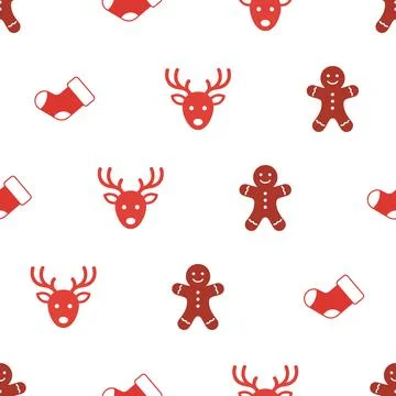 Christmas seamless pattern with reindeer gingerbread man and stocking. Stock Illustration