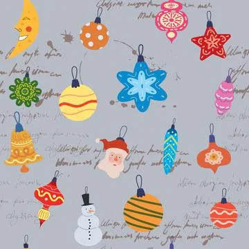 Christmas seamless pattern retro balls, toys, unreadable text. Doodle vintage Stock Illustration