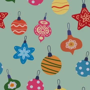 Christmas seamless pattern retro balls, toys. Doodle vintage icons Stock Illustration