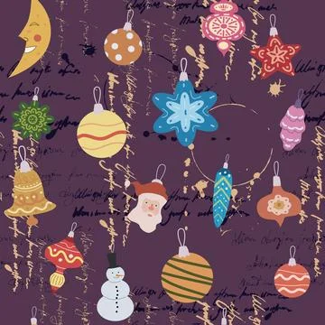 Christmas seamless pattern retro balls, toys unreadable text. Doodle vintage Stockillustratie