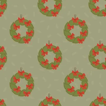 Christmas Seamless pattern. Retro Xmas Wreath with Red Bows handmade sewn d.. Stock Illustration