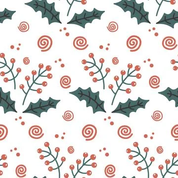 Christmas seamless pattern with rowan berry. Doodle vector background for Stock Illustration