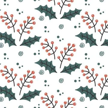 Christmas seamless pattern with rowan berry. Doodle vector background for Stock Illustration