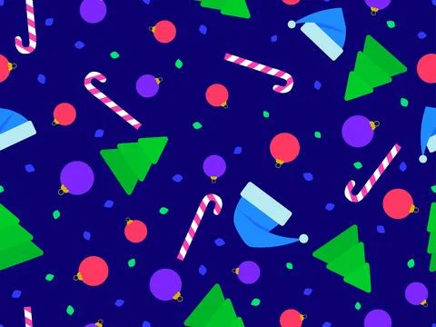 Christmas seamless pattern with Santa Claus hats, fir trees, Christmas ball.. Stock Illustration