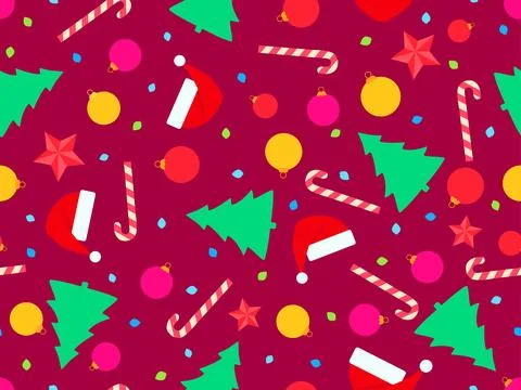 Christmas seamless pattern with Santa Claus hats, fir trees, Christmas ball.. Stock Illustration
