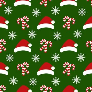 Christmas seamless pattern with santa hat, candy cane and snowflake. Stock Illustration