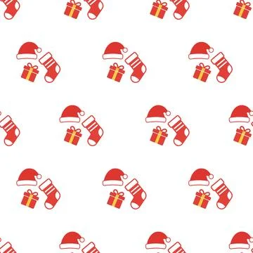 Christmas seamless pattern with santa hat gift box and sock background. Stock Illustration