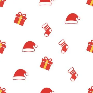 Christmas seamless pattern with Santa hats gift boxes and stockings. Stock Illustration