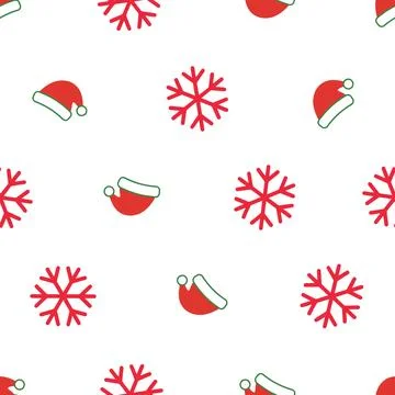 Christmas seamless pattern with Santa hats and red snowflakes on white back.. Stock Illustration