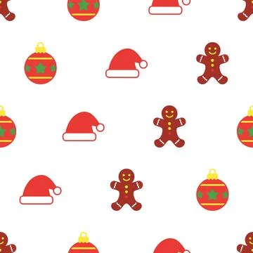Christmas seamless pattern with Santa hats gingerbread cookies and baubles. Stock Illustration