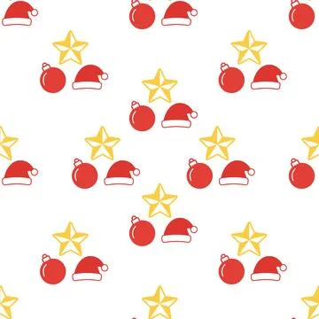 Christmas seamless pattern with santa hats, red baubles and yellow stars. Stock-Illustration