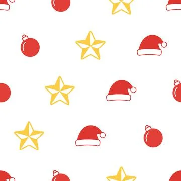 Christmas seamless pattern with santa hats stars and baubles. Stock Illustration