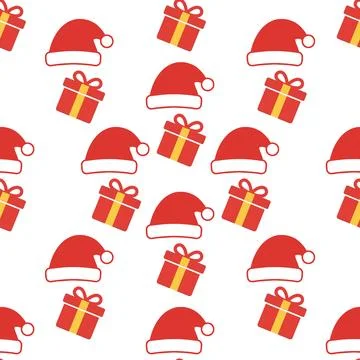Christmas seamless pattern with Santa hats and gift boxes. Illustrazione stock