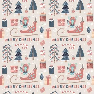 Christmas seamless pattern with Santa sledge, mouse, new year tree, snowflake Stock Illustration