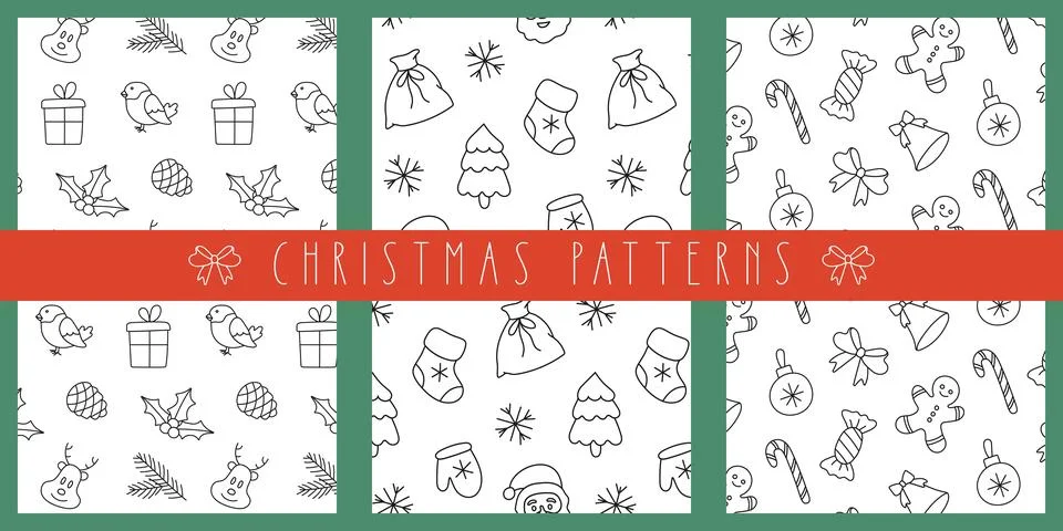Christmas seamless pattern set. Doodle black outline decoration on white. Win Stock Illustration