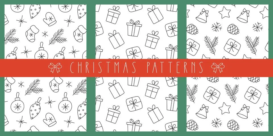 Christmas seamless pattern set. Doodle black outline decoration on white. W.. Stock Illustration