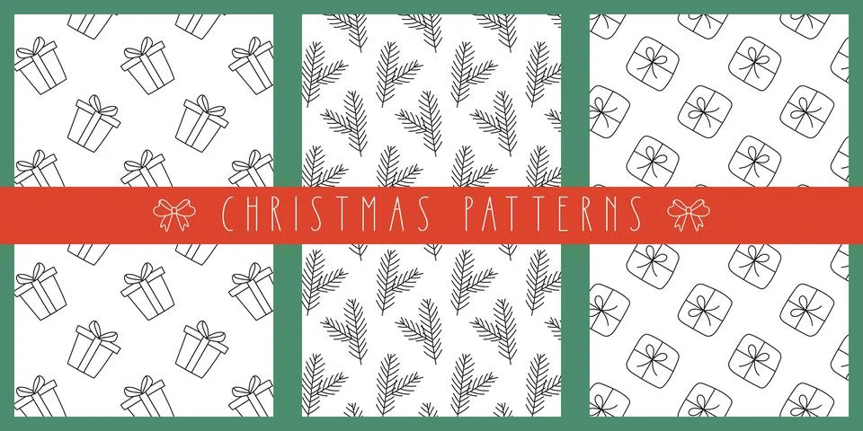 Christmas seamless pattern set. Doodle black outline decoration on white. Win Illustrazione stock