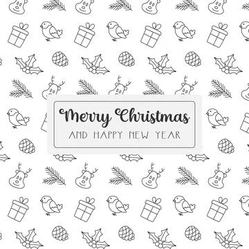 Christmas seamless pattern set. Doodle black outline decoration on white. Win イラスト素材