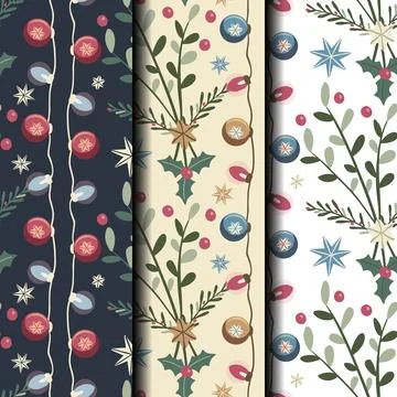 Christmas seamless pattern set with lights and plants Stock Illustration