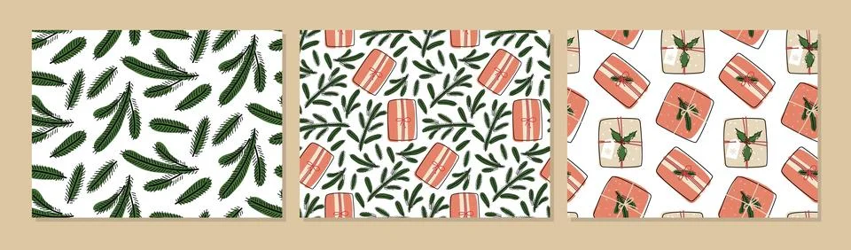 Christmas seamless pattern set. Three pattern. Gift box and Christmas tree Stock Illustration