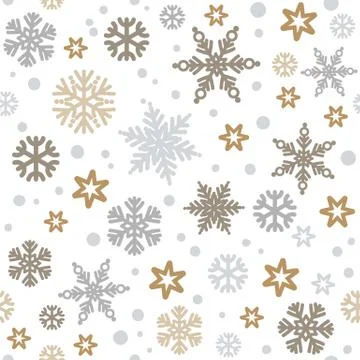 Christmas seamless pattern with silver and gold snowflakes isolated on white Stock Illustration