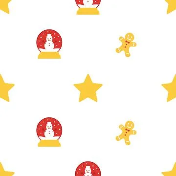 Christmas seamless pattern with snow globes and gingerbread men. Stock-Illustration